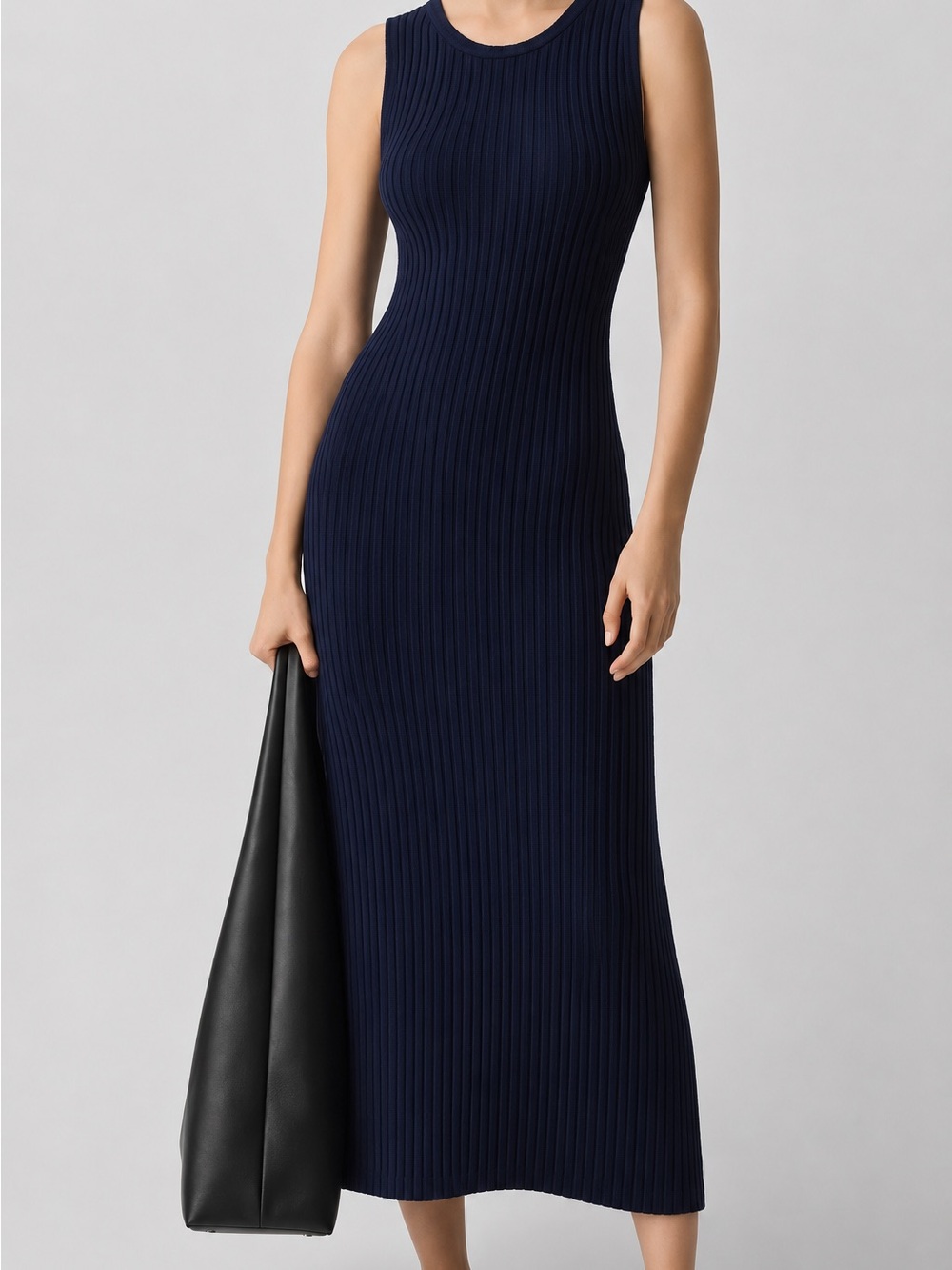 Ribbed Maxi Dress in Navy - Sleek Sleeveless Knit